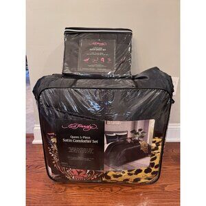 Ed Hardy Queen 5 Piece Satin Comforter Set & 6 Piece Black Satin Sheet Set
